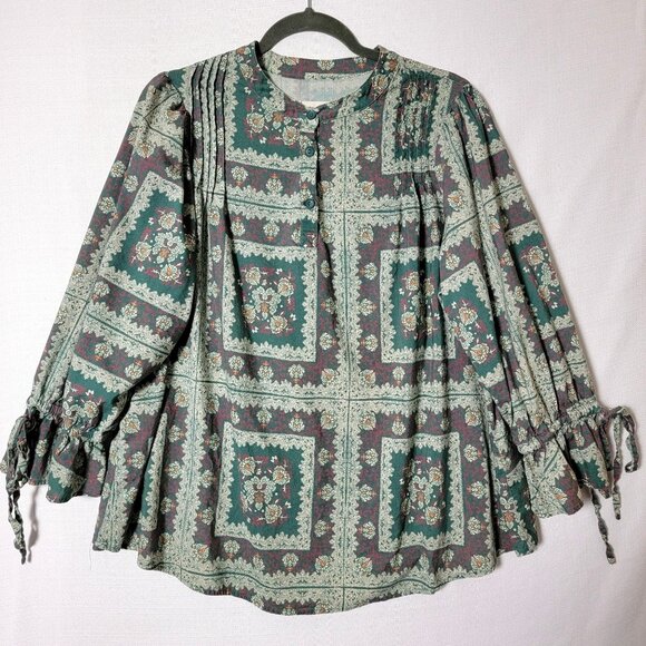 Porridge Womens Tunic Top Sz 1X Long Puff Sleeves Pleated Green Wine Floral Y2K - Picture 1 of 13